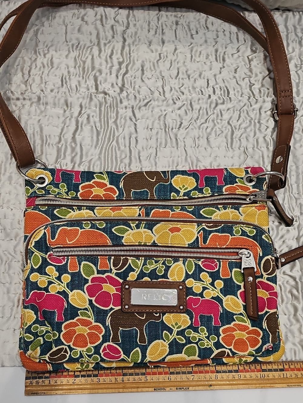 Relic Colorful Floral & Elephant Crossbody Bag with Brown Trim